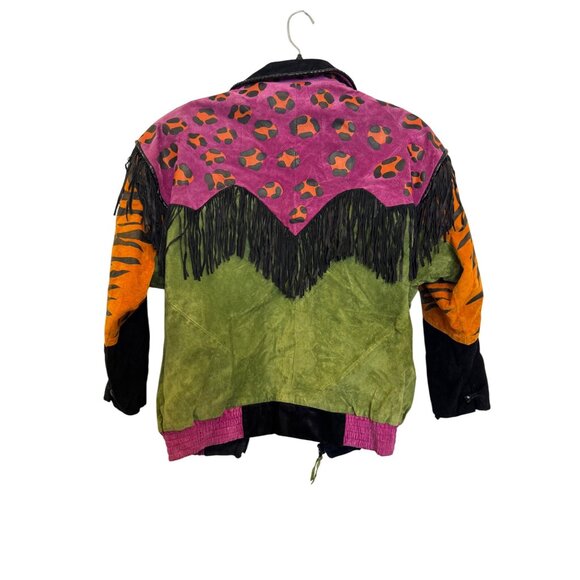 Vintage Char Womens Genuine Leather Fringe Jacket S Multicolor Animal Print Sant - Picture 2 of 12